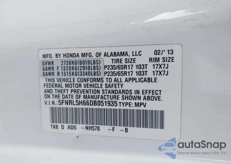 2013 Honda Odyssey Ex-L z USA, uszkodzony, nr VIN 5FNRL5H66DB051935